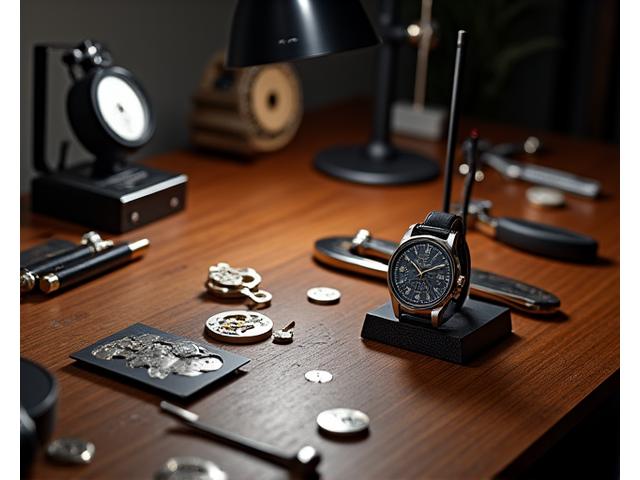 A sophisticated watch curation workspace with tools and premium materials